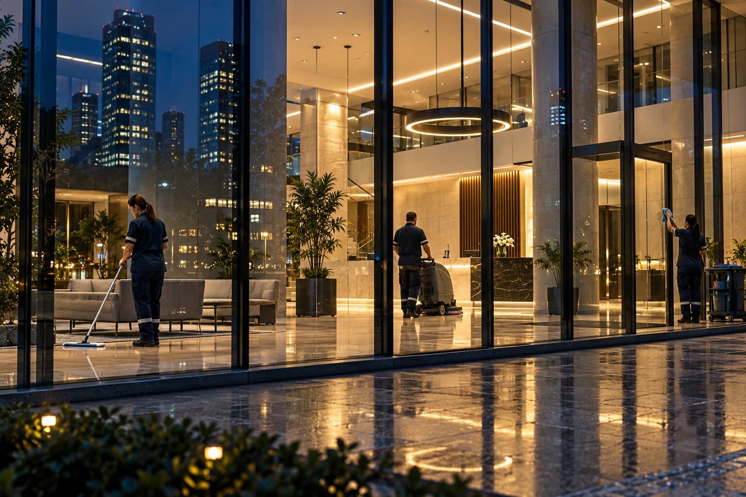 Gece vardiyasında cam cepheli bir ofis lobisinde temizlik ekibi (temsili görsel)